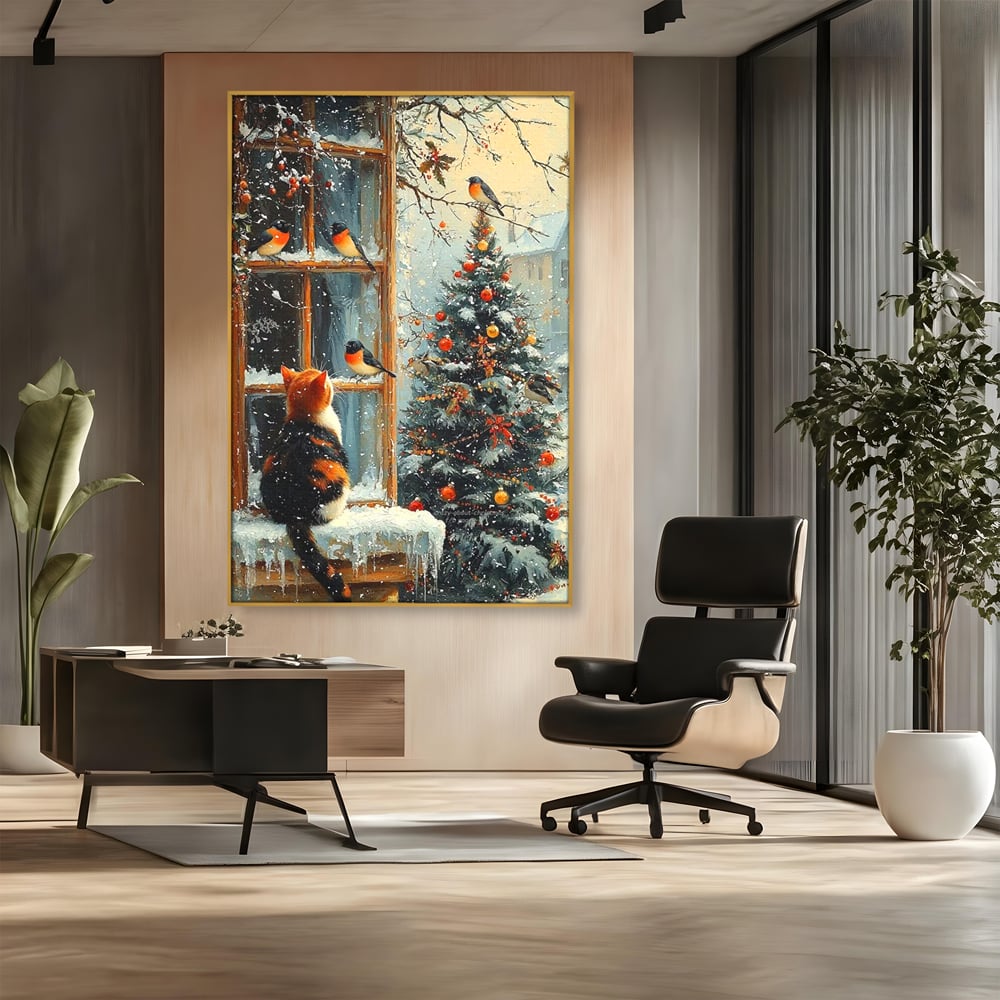 Tablou canvas cu tablou canvas cu pisica priveste pasari la fereastra, in rama de aluminiu auriu, pe perete intr-un birou
